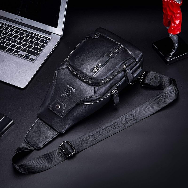 BULLCAPTAIN Leather Sling Bag Men's Casual Shoulder Crossbody Bag, Black