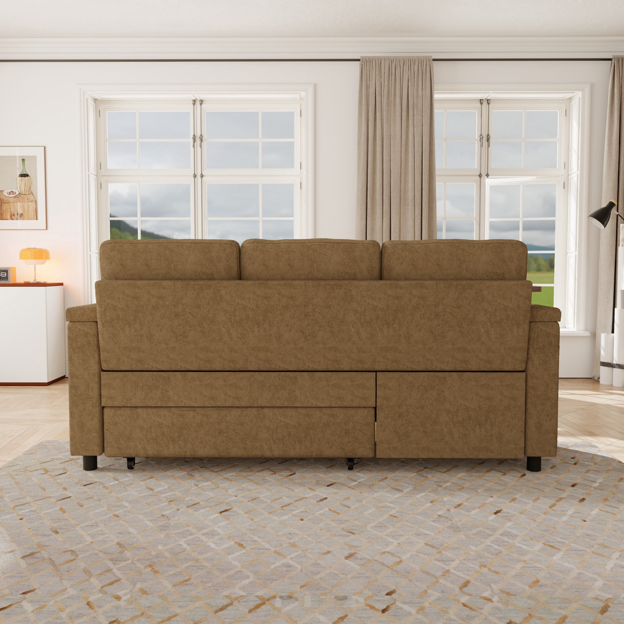 DEALTOPS 81" Chenille Pull-Out Sleeper Sofa Bed with Recliner, Tray Table, USB Ports & Storage, Brown