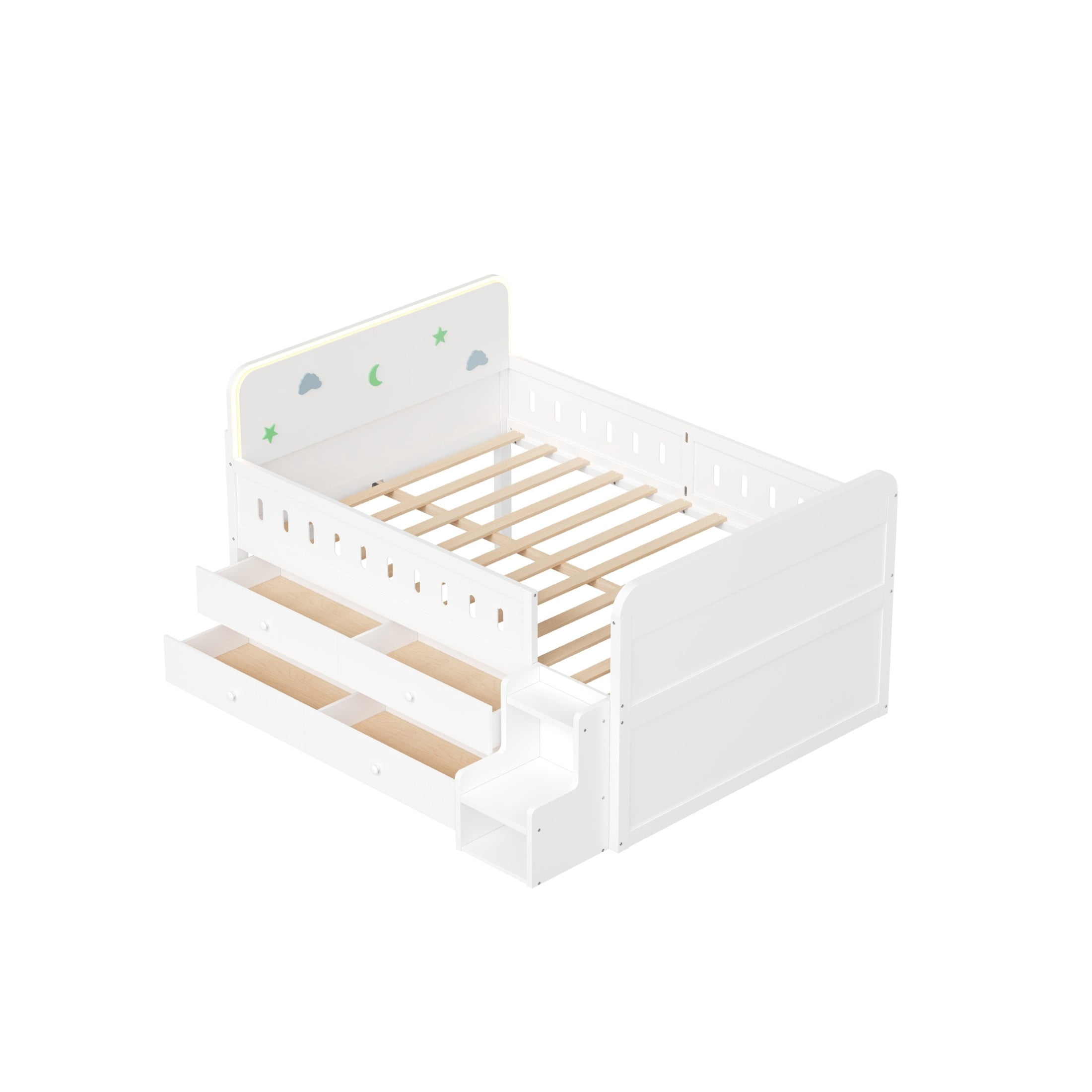 Noble House Halden Full Size Wooden Bed, Integrated LED Lighting and 4 Storage Drawers with Ladder, White