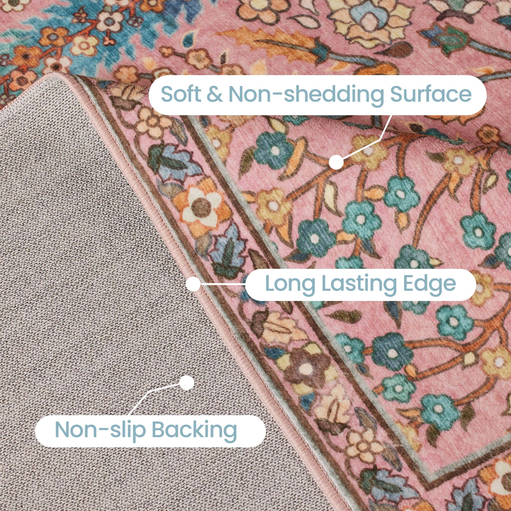 Washable Oriental Rug, 8x10 Dusty pink Boho Botanical Floral Vintage Carpet, Soft Large Indoor Rug for Girls Bedroom, Living Room, Nursery, Playroom