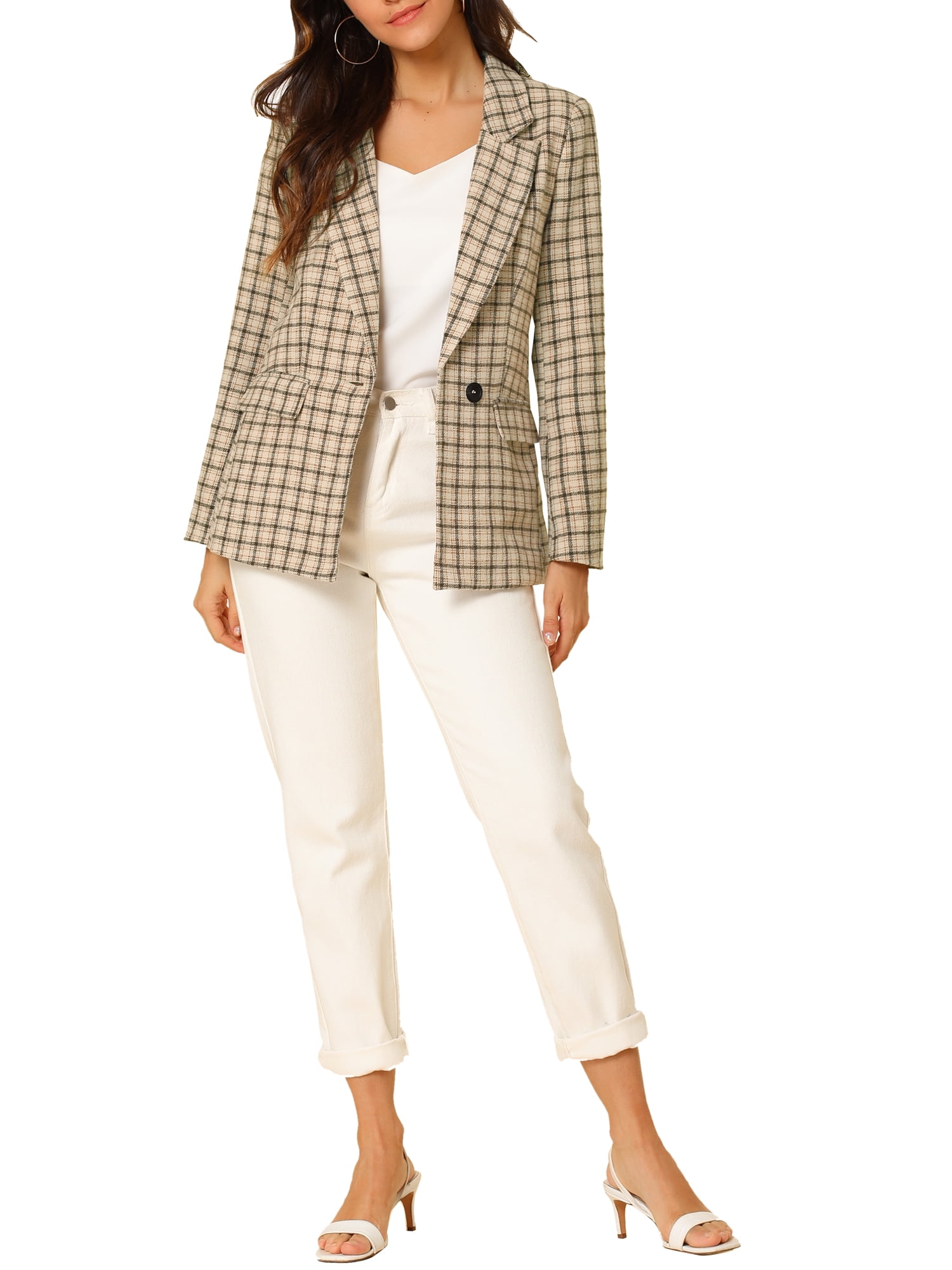 DARING DIVA Women's Boyfriend Notched Lapel One Button Blazer Suit Plaid Blazer Jacket M Khaki
