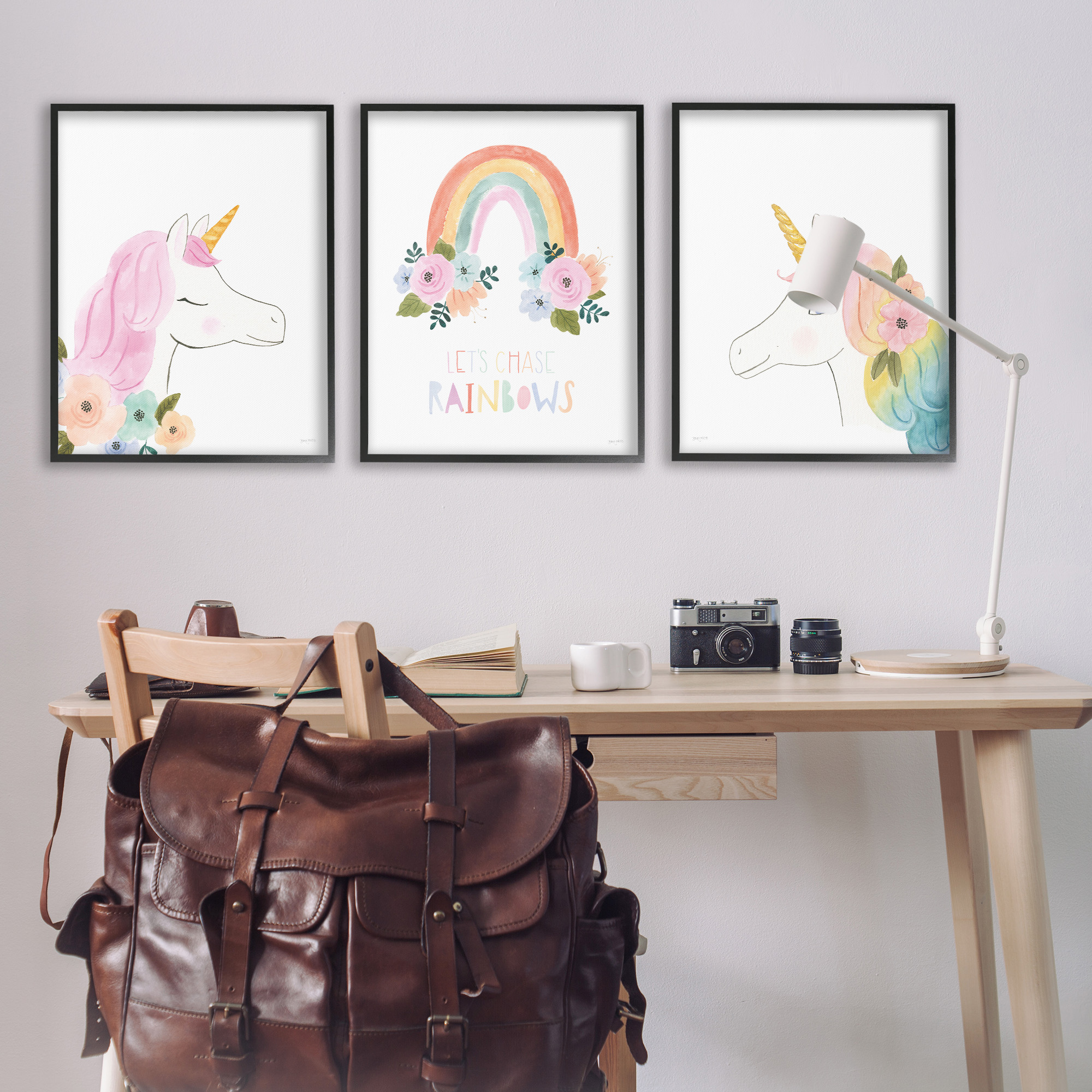 Stupell Industries Let's Chase Rainbows Unicorns Fairy Tales & Fantasy Painting Black Framed Art Print Wall Art, 24 x 30, Set of 3