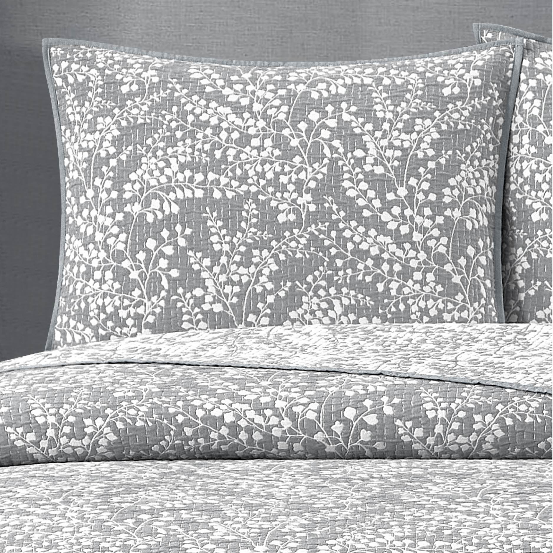 Mainstays Botanical Floral Stitched Pillow Sham, King, Light Grey, 1 Pack