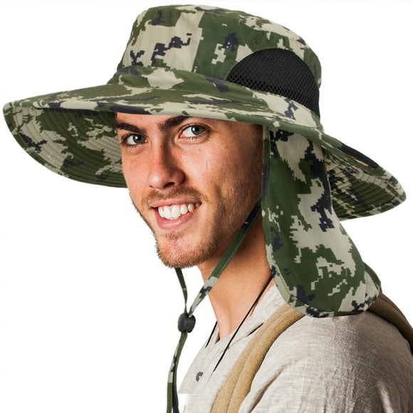 SUN CUBE Fishing Hat Sun Hat for Men, Women, Hiking Sun Hat with Neck Flap, Wide Brim, Chin Strap, Safari Summer Bucket Boonie Hat, UPF 50+ Outdoor Protection, Packable Breathable Mesh (Camo Green)