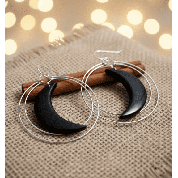 Sechi Sterling Silver Crescent Moon Dangle Earrings with Black Stone, Celestial Fish Hook Earrings for Women