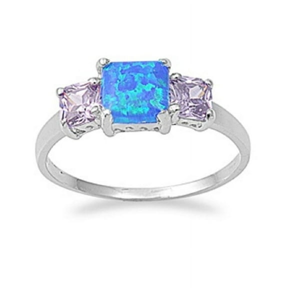Three Princess Cut Simulated Amethyst Cubic Zirconia Blue Simulated Opal Ring Sterling Silver Size 10
