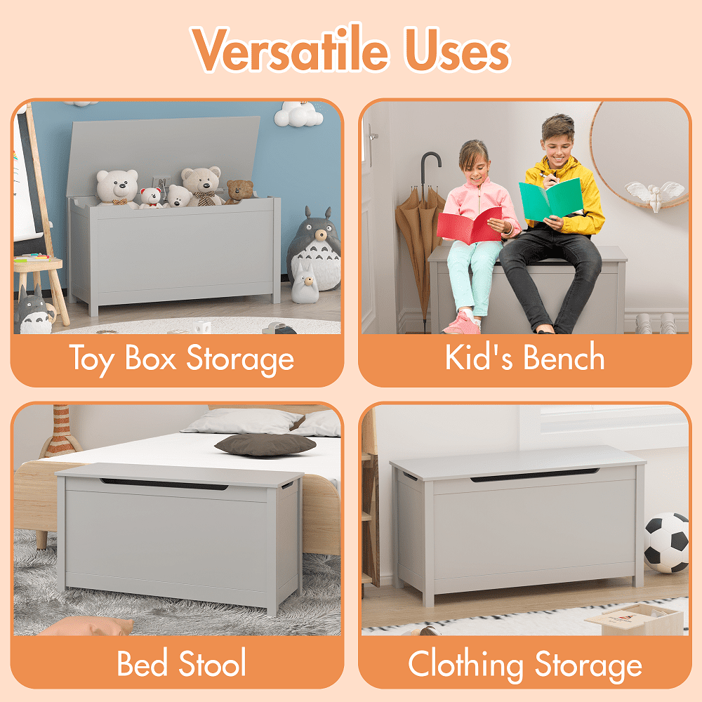 (Gray) Kids Wooden Toy Box Storage with Safety Hinged Lid for Ages 2+