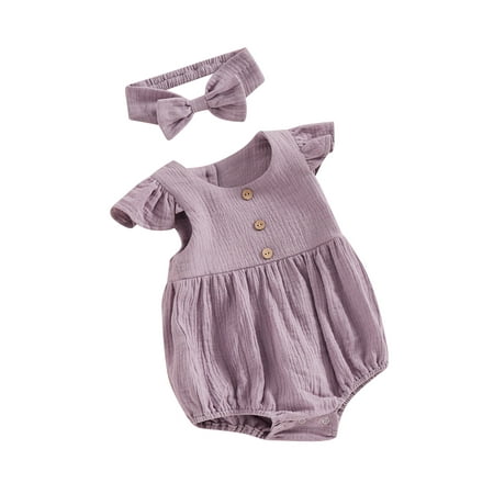 

EYIIYE Baby Girl Round Neck Fly Sleeve Romper + Bow Headband Set