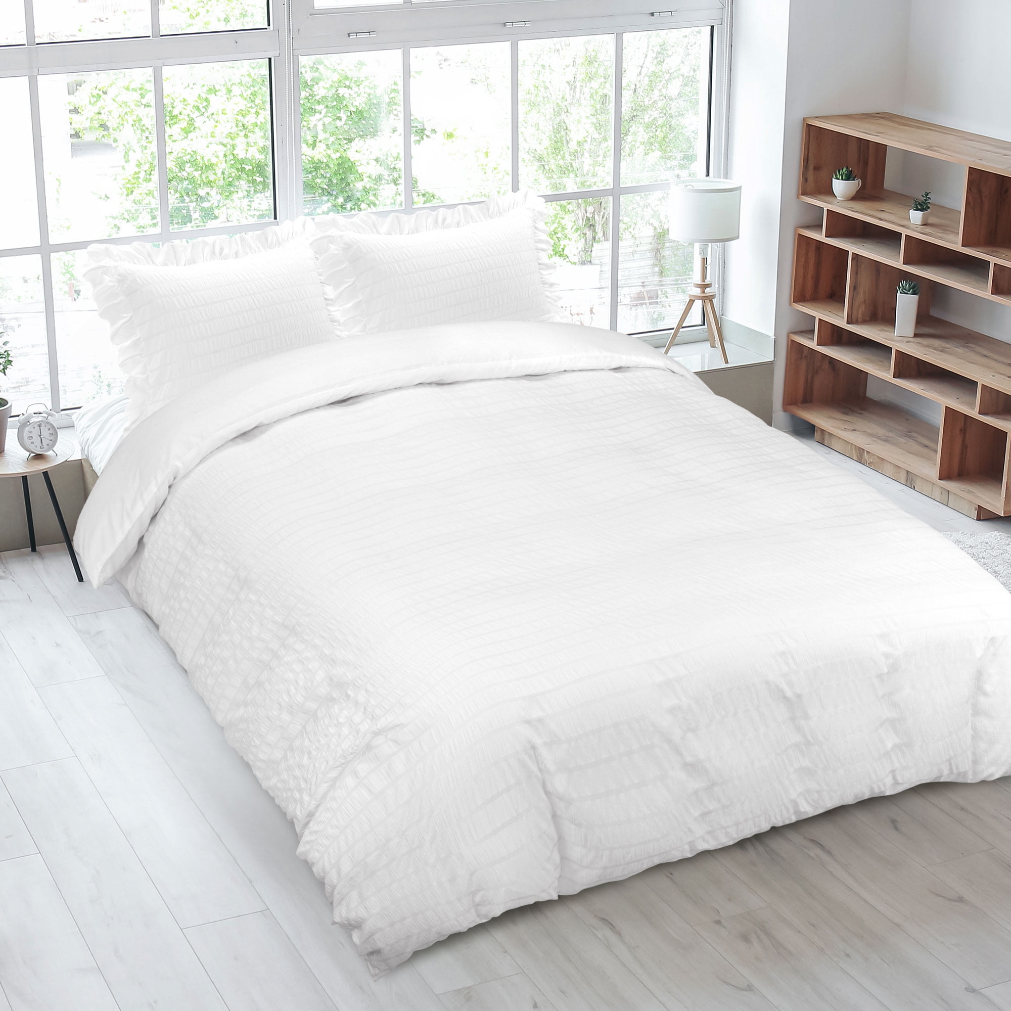 PiccoCasa Soft Microfiber 3 Pieces King Seersucker Adult Duvet Cover Set White