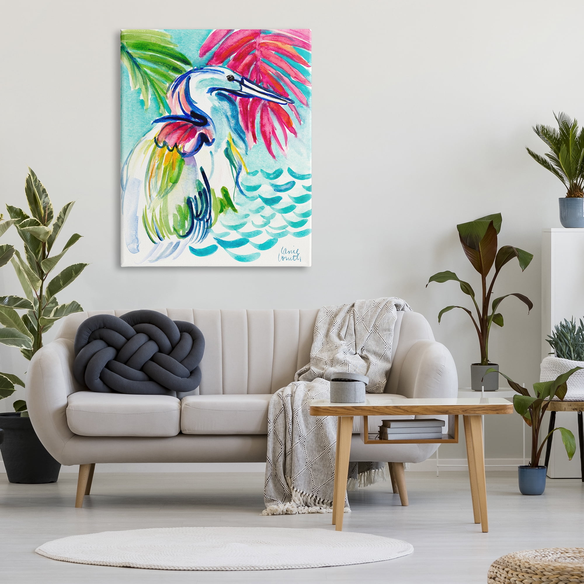 Stupell Industries Water Crane Bird Tropical Waves Vibrant Pink Palm, 36 x 48, Design by Lanie Loreth