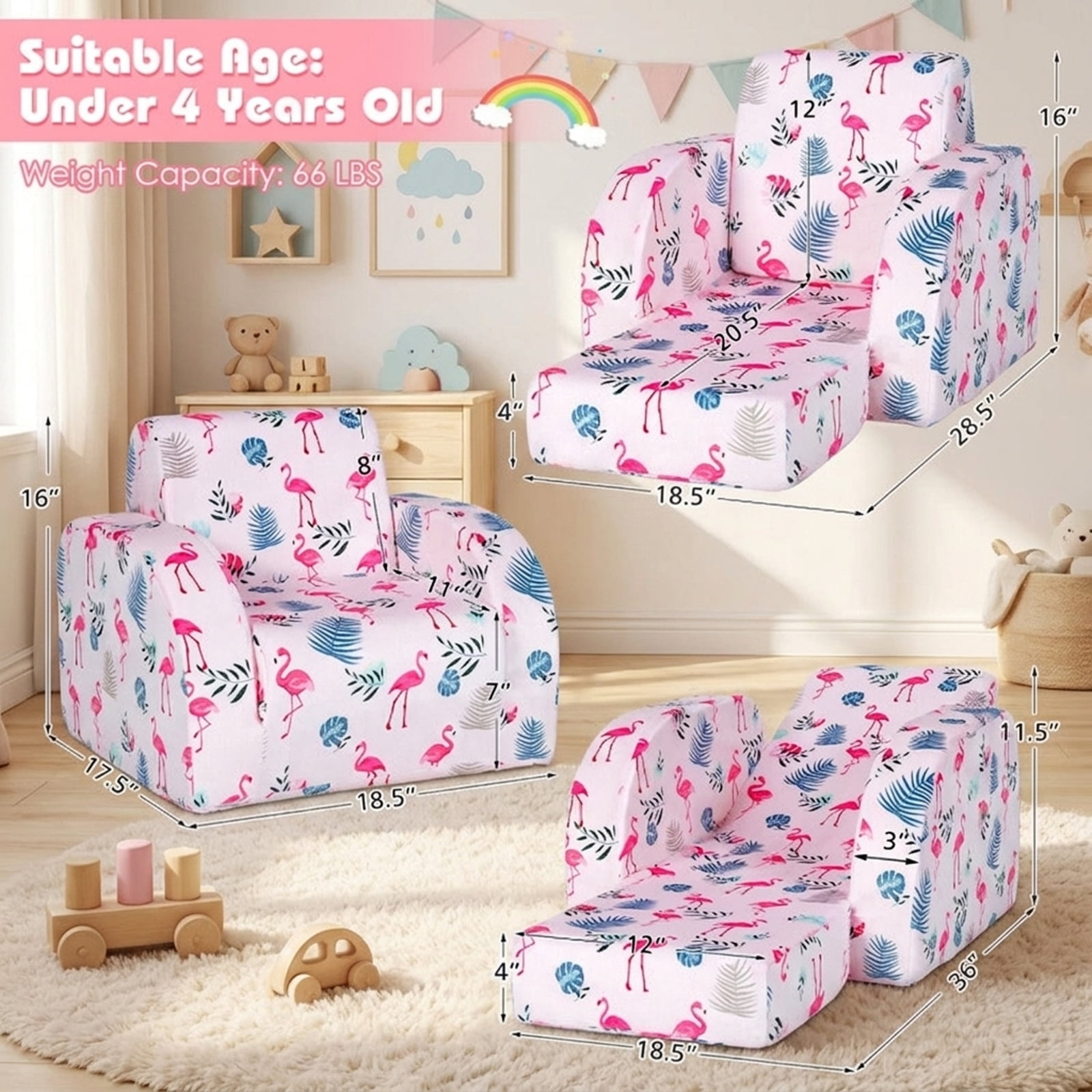 Furnibear Toddler Chair 3 in 1 Convertible Kid Sofa Bed Flip Out Chair Lounger for Toddler, Pink
