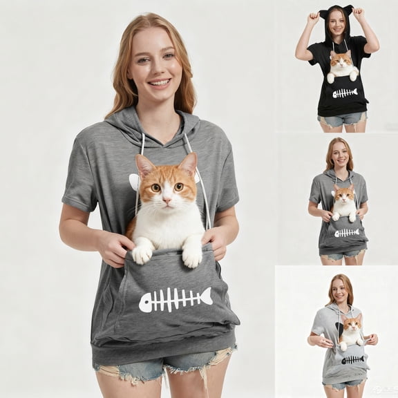 Kangaroo Pouch Short Sleeve Hoodie for Women Oversized Dog Pouch Sweatshirts Pet Carrier Pullover