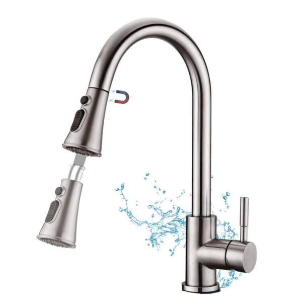Grifo de Cocina de Acero Inoxidable - Grifos del Fregadero 360 °Giratorio, Llave Mezcladora para Fregadero de Agua Caliente y Fría Grifo para Lavabo Extraíble con 2 Manguera(Nickel Cepillado)