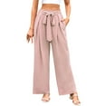 thumbnail image 1 of Pantalones casuales de mujer con pierna ancha y detalle de lazo: cómodos y versátiles para el día a día, poliéster, para todas las estaciones, varias tallas., 1 of 6