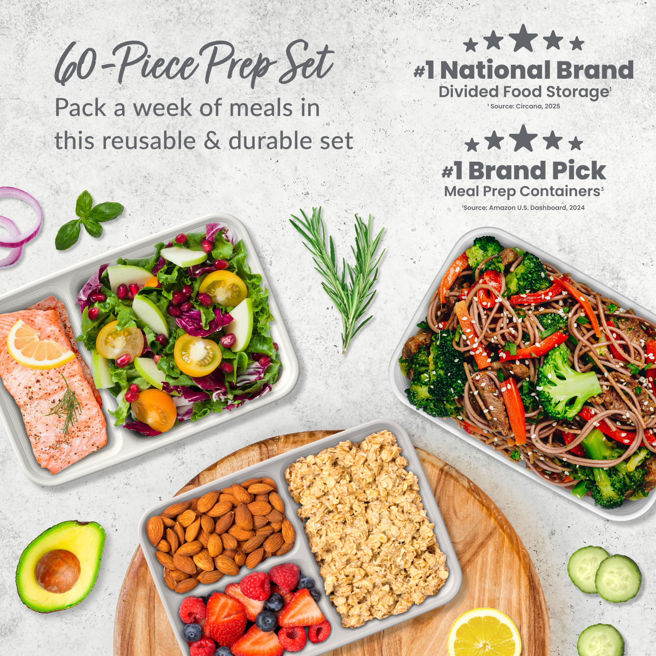 Bentgo Prep 60-Piece Meal Prep Kit - Reusable & BPA-Free Food Containers, 1-Compartment, 2-Compartment, & 3-Compartments - Microwave, Freezer, & Dishwasher Safe (White Stone)