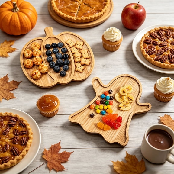 Set Of 2 Halloween Wooden Serving Trays Ghost And Pumpkin - Natural Wood Snack Tray With Deep Grooves For Party Candy Display - Wood