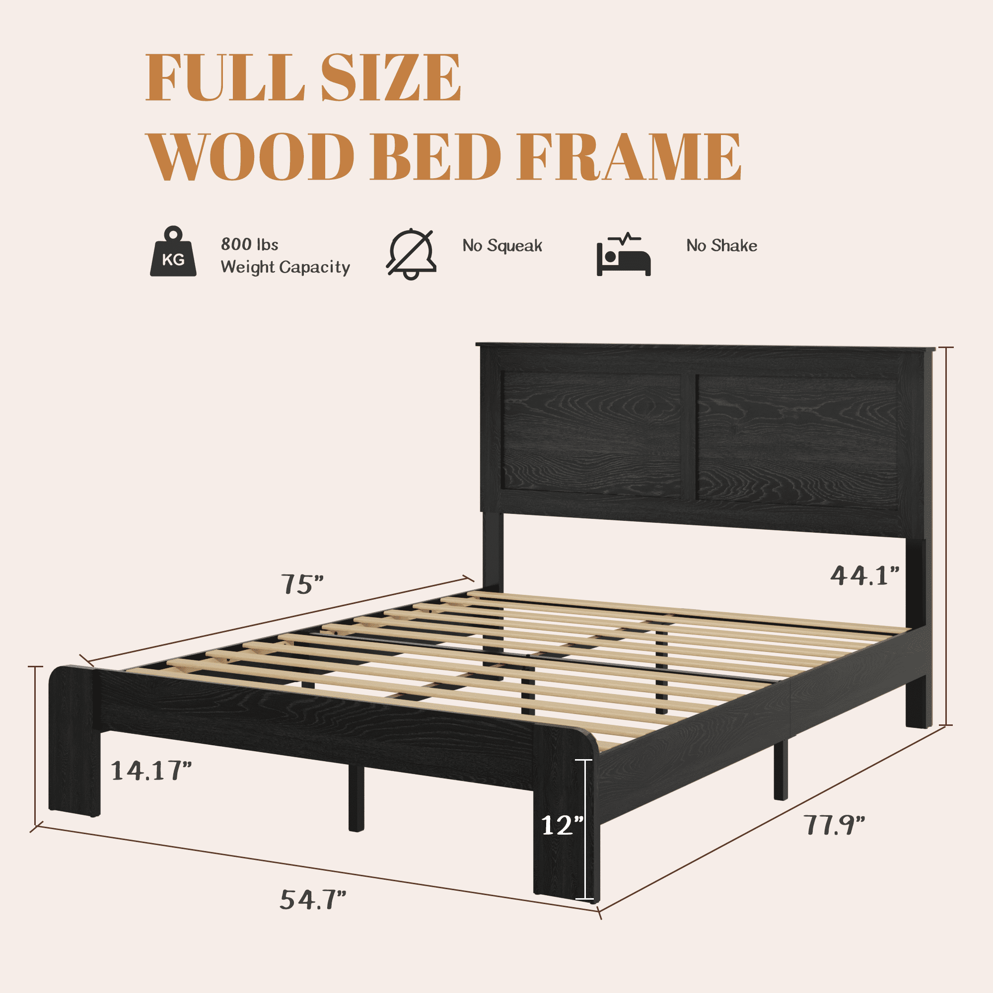 BSHTI Full Size Wood Platform Bed Frame with Headboard, Solid and Stable Metal & Wood Construction for Bedroom, Easy Assembly, Noise Free, No Box Spring Needed, Antique Black