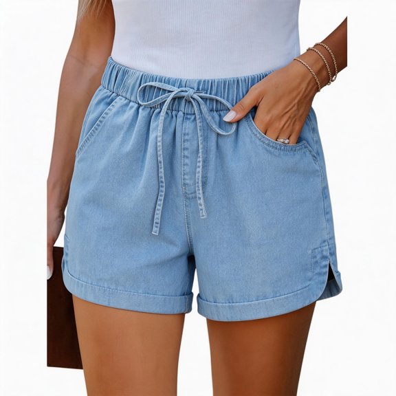 Josdec Women's Denim Shorts Loose Soft Drawstring Elastic Waist Athletic with Two-Pockets Summer Casual Short Jeans for Women