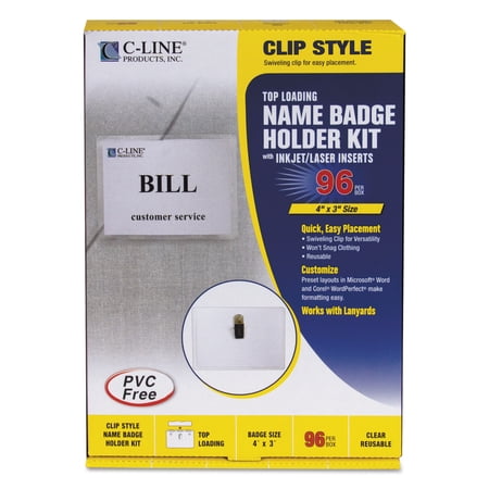 C-Line Name Badge Kits, Top Load, 4 x 3, Clear, Clip Style, 96/Box