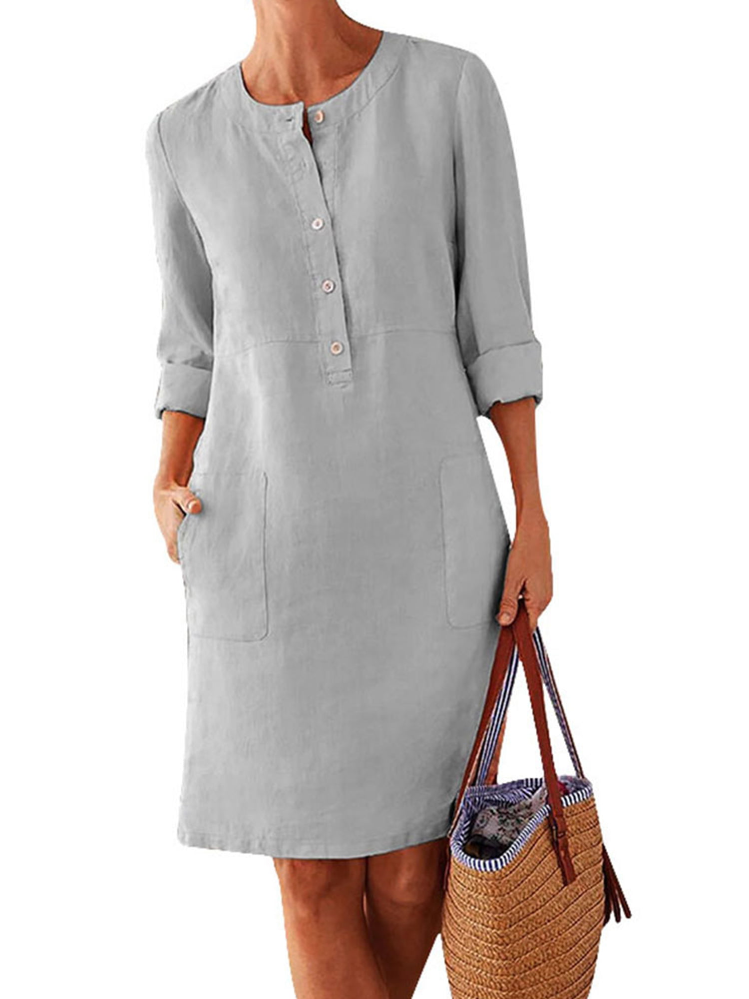 Women Dress Summer Cotton Linen Cat Print V-Neck T-Shirt Casual Cozy Plus Size Loose Straight Mini Dress W/Pockets