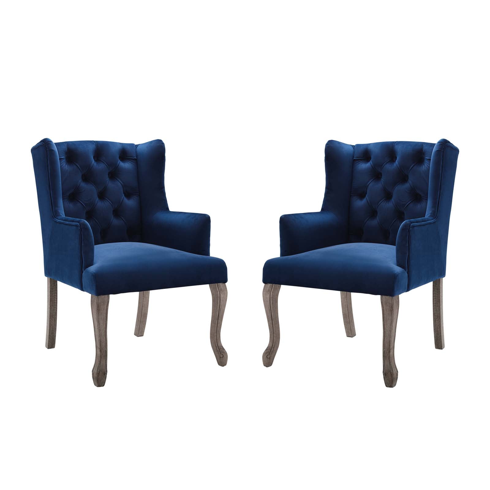 Chic Navy Velvet Upholstered Wingback Armchair with Weathered Wood Legs