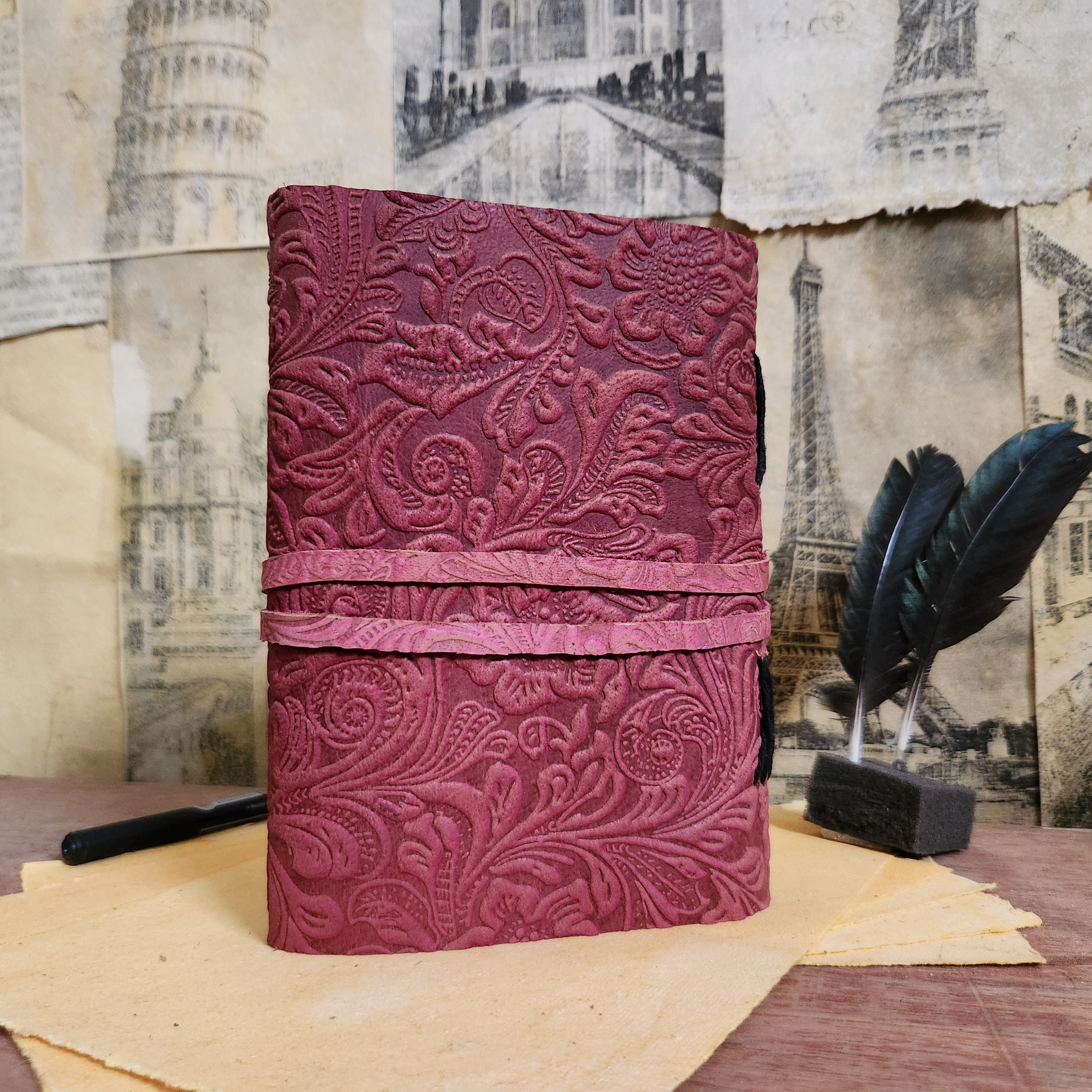 Handmade Leather Journal with Vintage Deckle Edge Paper - 7x5 Inch, 200 Pages - Floral Embossed Cover with Key Closure - Soft Leather Notebook (Pink, Green, Blue)