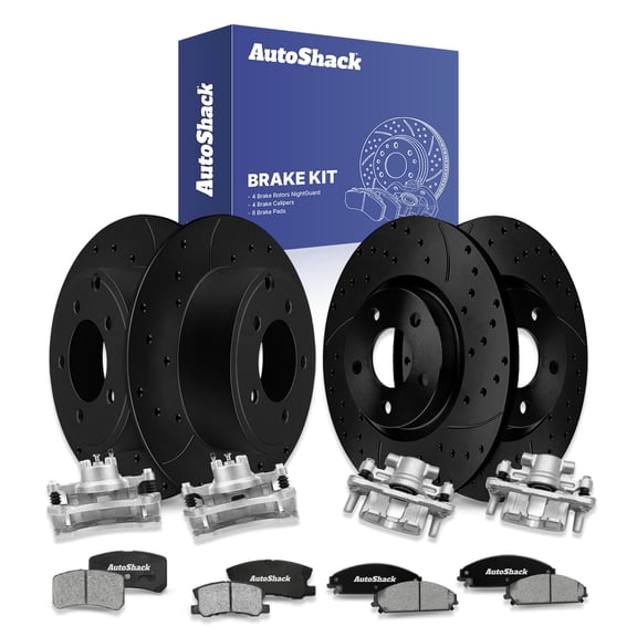 AutoShack Front & Rear Drilled & Slotted Brake Rotors Ceramic Brake Pads Calipers | Replacement for 2013 Chrysler 200 2.4L 3.6L V6 FWD | Black E-Coated | 16-PC Brake Kit | NightGuard