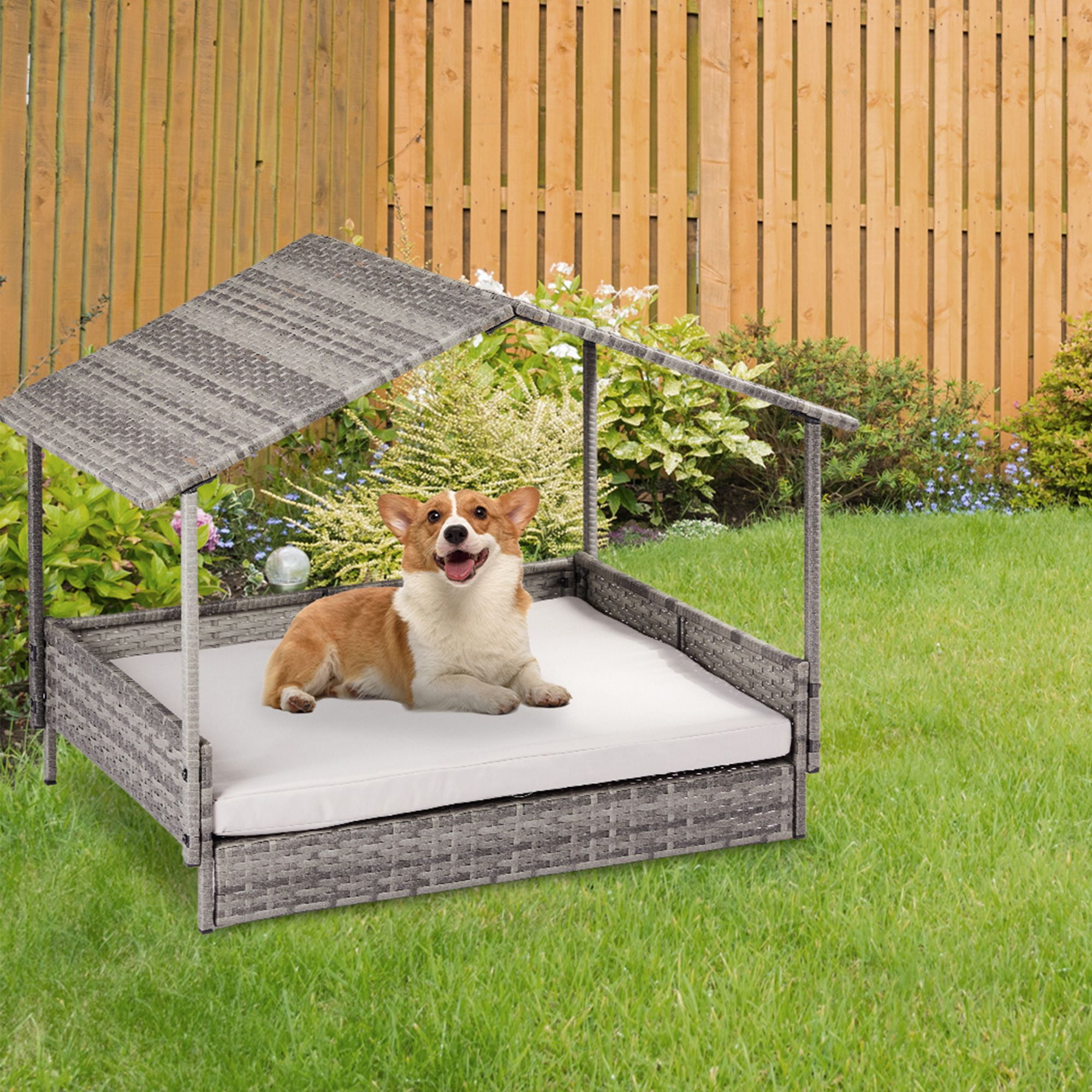 Kadyn 38" Elevated Rattan Dog Bed Pet Sofa with Canopy and Washable Cushion Cover, Wicker Dog House for Small, Medium Dogs, Gray