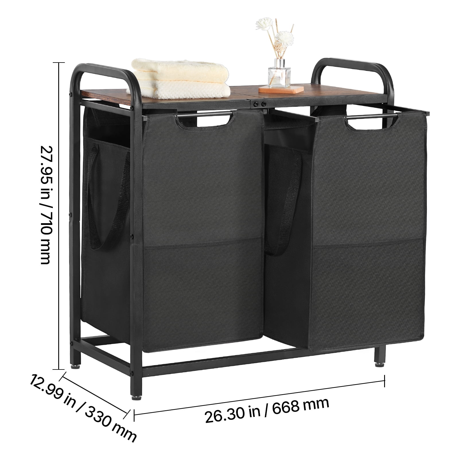 KFFKFF 2-Section Laundry Organizer with Metal Frame and Wooden Top, Spacious Hamper with Removable 600D Oxford Cloth Bags for Sorting Clothes, Ideal for Bathroom or Laundry Room