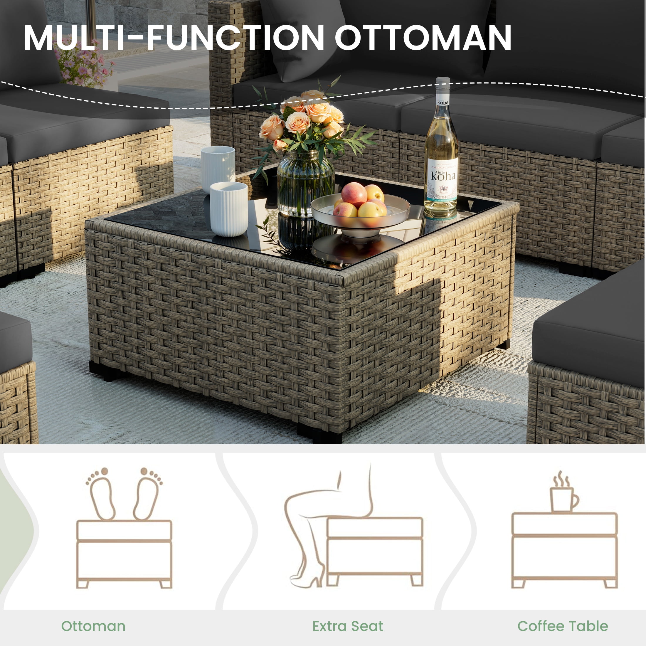 POTEBAN Patio Furniture Set, 7-Piece Outdoor Sectional All-Weather Wicker Patio Conversation Set for Backyard (Gray Cushions with Gray Rattan)