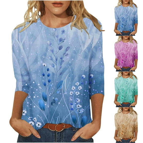 CYMMPU Loose Fit Tunic Tops Boho Blouses for Women Dressy Casual Floral Pattern Summer Trendy Shirts 3/4 Sleeve Spring Tops Round Neck Lightweight Basic Tees M