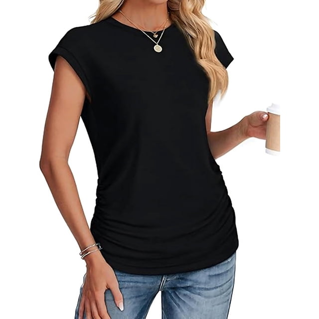 Womens Summer Tops Ruched Cap Short Sleeve Tshirts Shirts Crew Neck T Shirts Fashion Black M