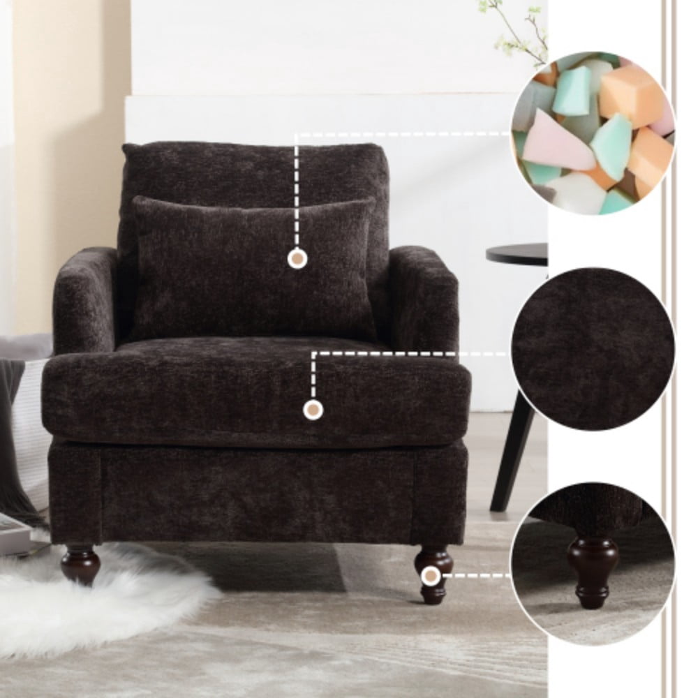 Accent Chair, Mid Century Modern Chenille Armchair with Tufted Back, Studded Solid Wood Frame, Upholstered Lounge Chair for Living Room, Bedroom, Black
