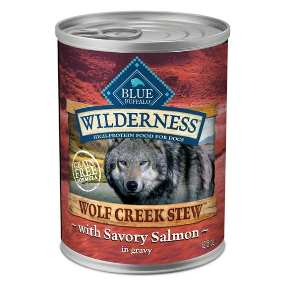 Blue Buffalo Wilderness Wolf Creek Stew High Protein Grain Free, Natural Wet Dog Food, Savory Salmon Stew in gravy 12.5-oz can (pack of 12)