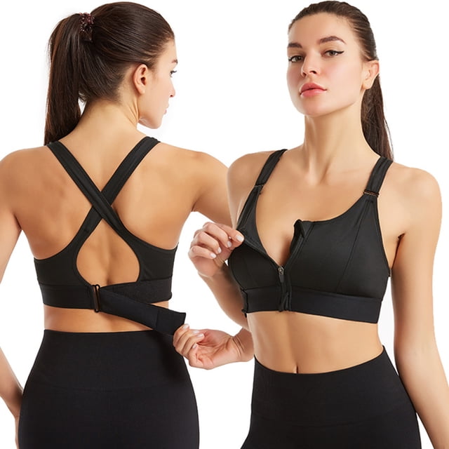 CAROOTU Wireless Supportive Sports Bra for Women Front Zip Design Cross Back Vest Yoga Workout Wear