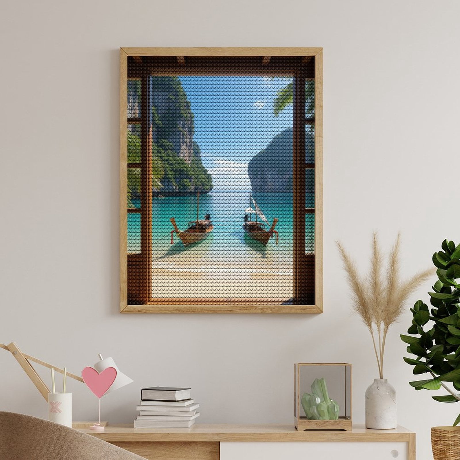 Diamond Art Kits for Adults, Tropical Paradise Boats Ocean View 5D Diamond Painting Kits for Adults Beginners, DIY Full Drill Diamond Painting, Gem Art and Crafts 12x16