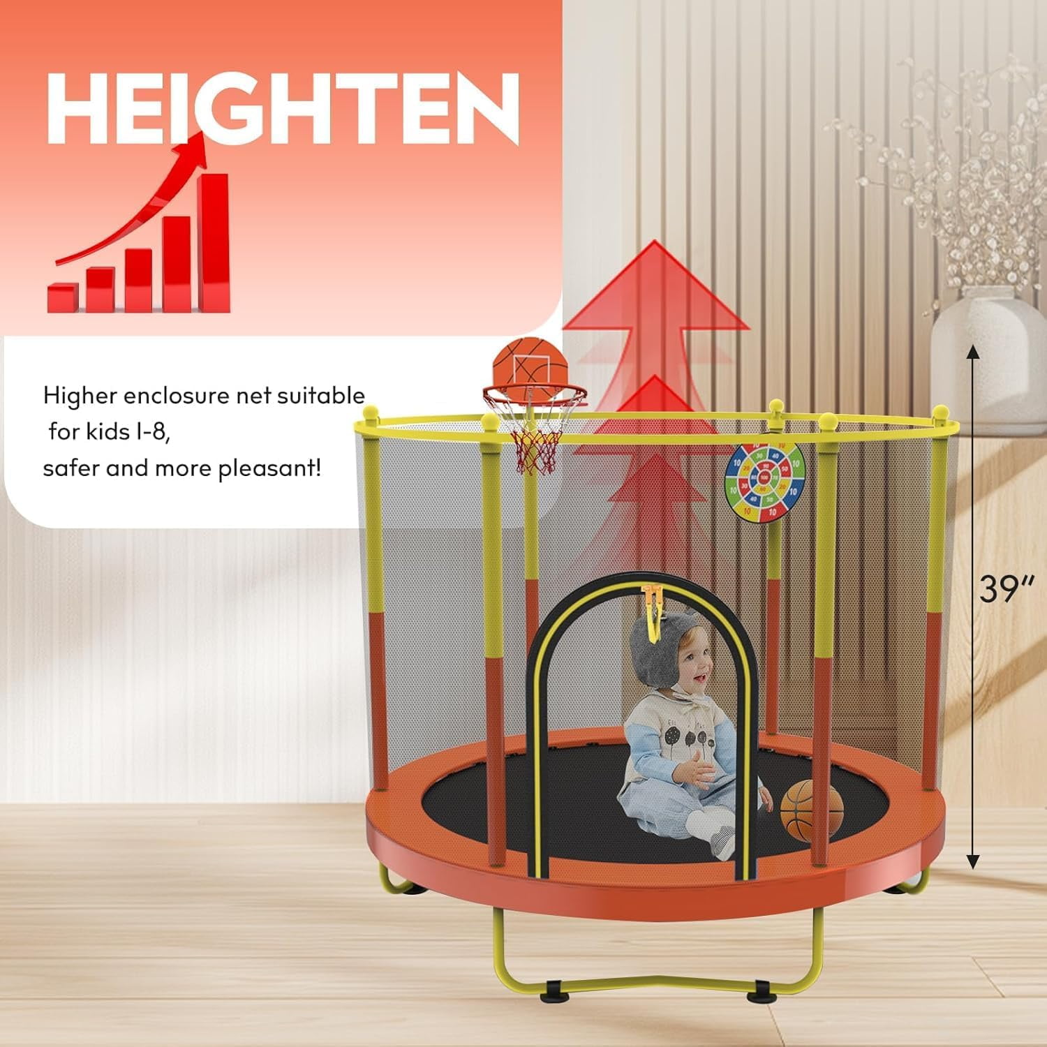 Sedeke 72" Trampoline for Kids with Net,6 FT Indoor & Outdoor Small Toddler Trampoline with Basketball Hoop & Dart Board for Ages 1-8, Gifts for Boys & Girls, Baby Toddler Christmas Toys