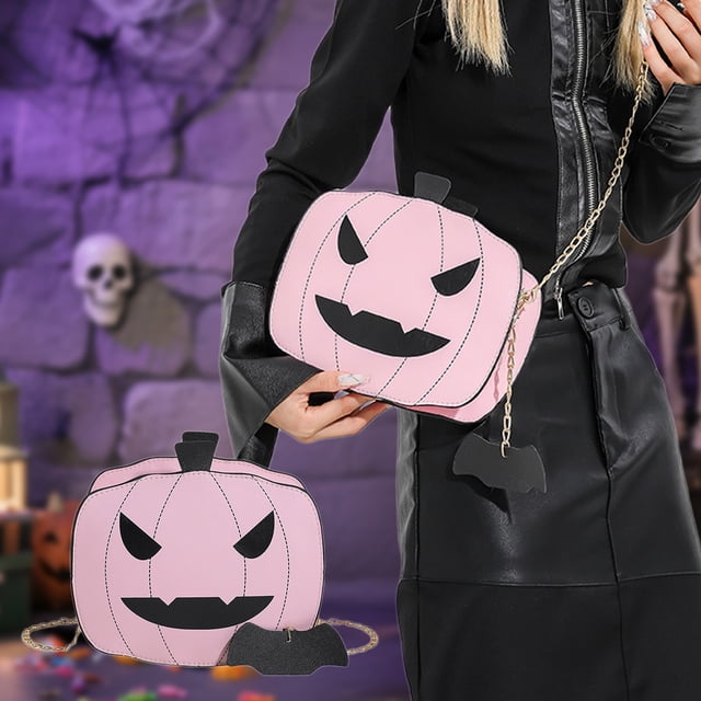 Bolso Bandolera de Piel Sintética con Forma de Calabaza para Halloween | Material: Pu | Color: Rosa | Medidas: 22 X 18 X 7,5 Cm | Peso: 220 G | Resistente Al Agua y a Los Arañazos | Bolsillo Oculto c