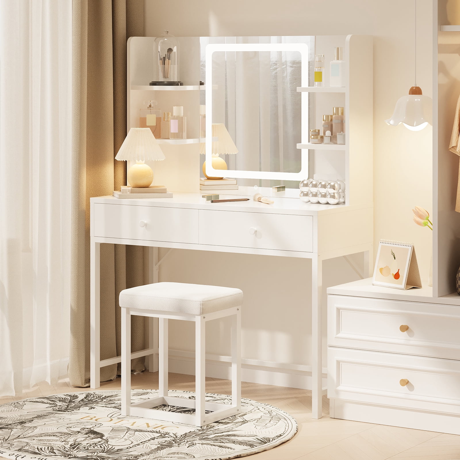 Vanity, White Lighted Vanity with Mirror, Makeup Vanity with Adjustable Lighting, 2 Storage Drawers, 6 Storage Shelves for Girls Perfect Gift