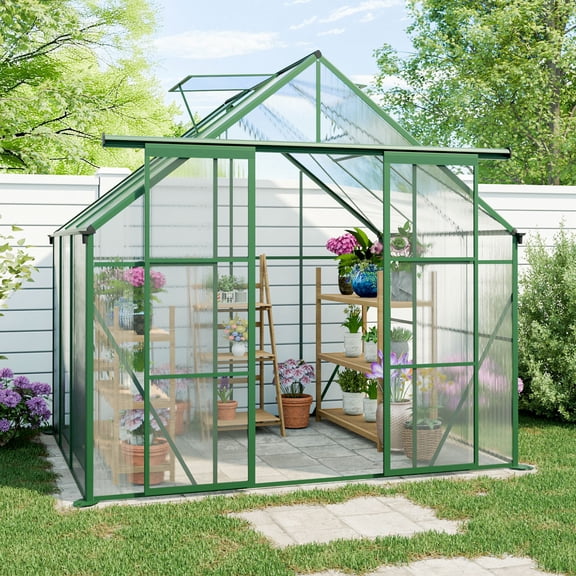 IMagacFun 8x6 Polycarbonate Greenhouse Heavy Duty Walk-in Greenhouse with Sliding Door and Aluminum Frame for Outdoor Garden Backyard Green