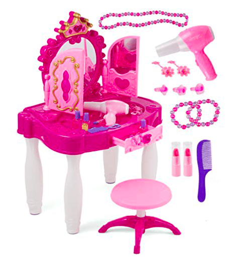 Kiddie Play Pretend Play Kids Vanity Table and Chair Beauty Play Set 