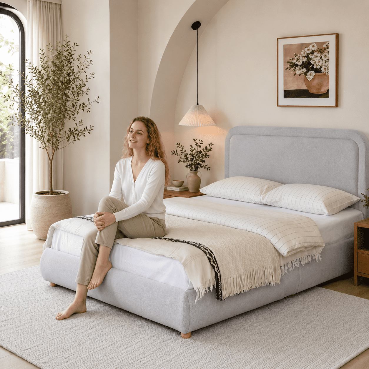 XIAO WEI Bouclé Cloud Queen Bed, Grey, Round Corner Headboard, Solid Wood Legs, Wooden Slats, No Box Spring, Easy Assembly