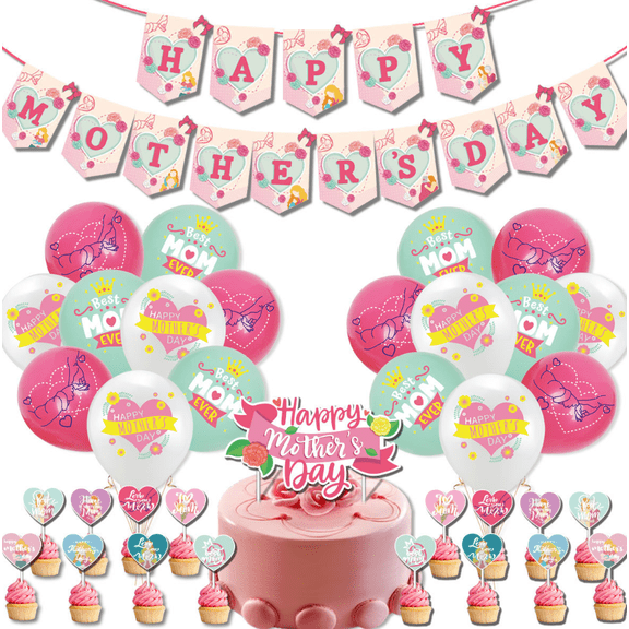 Happy Mother's Day Party Decorations Set, Banner, Balloons, Cake Topper, Cupcake Toppers, Pink