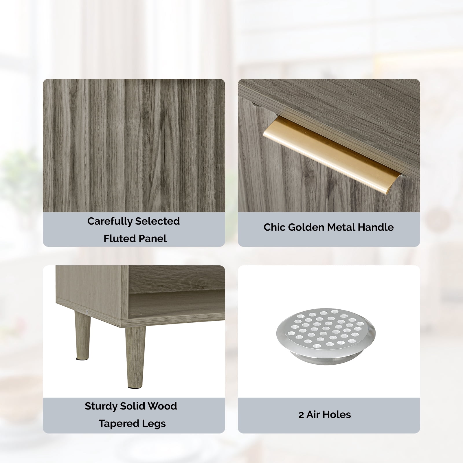 2 Cabinet Doors with Top Railing and 1 Row of Shelves for Shoe Cabinets Melamine Board + MDF Conical Leg Grille Shoe Cabinet, 31.61*14.17*41.97in, Grey Oak