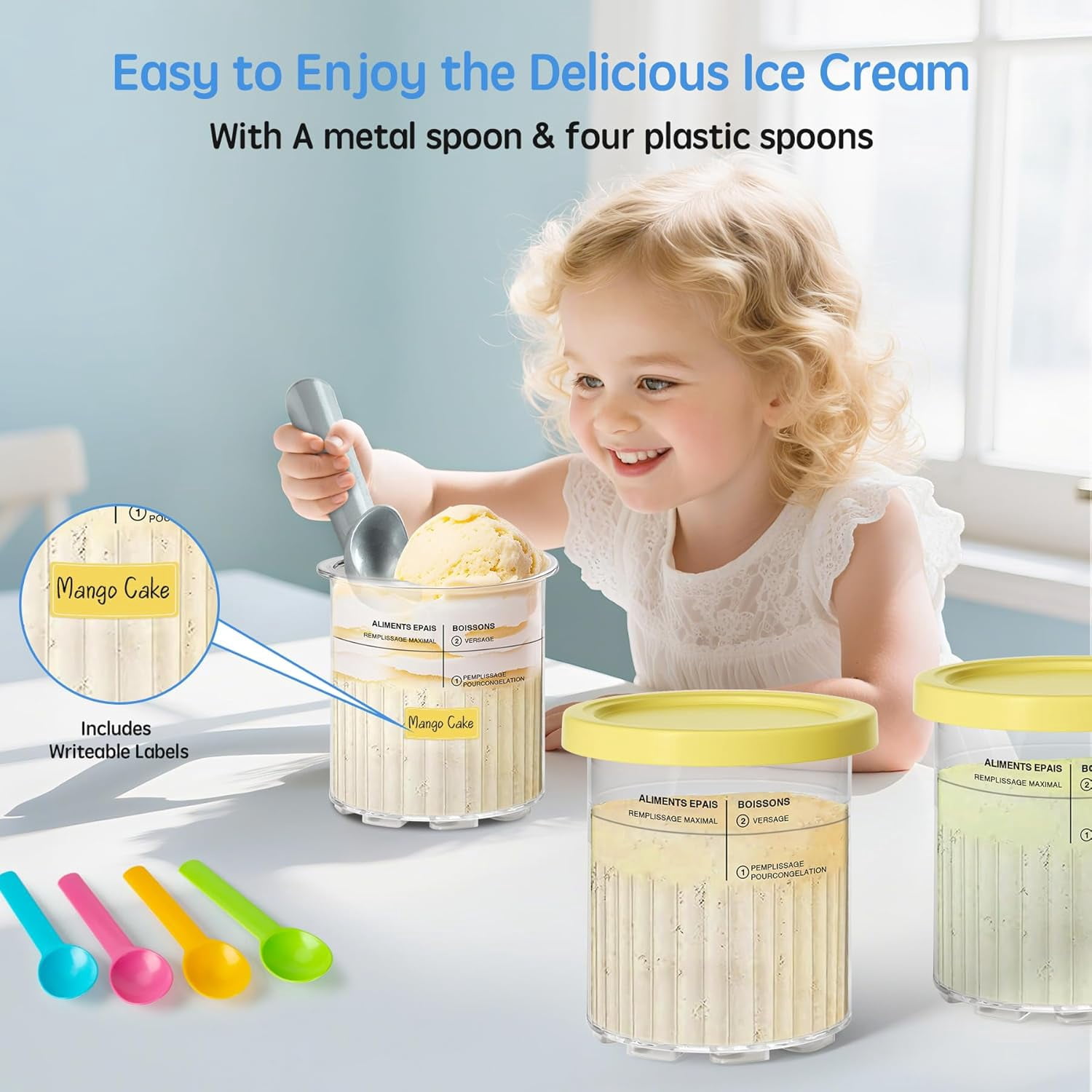 4 Pack Creami Deluxe Pints & Lids for Ninja, 24 Oz Compatible with NC500 NC501 Series Ice Cream Makers, with 5 Spoons & 64 Writable Labels, BPA-Free & Dishwasher Safe, Yellow