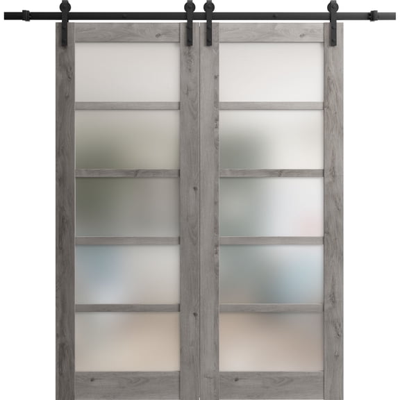 Sturdy Double Barn Door 56 x 80 inches | Quadro 4002 Nebraska Grey with Frosted Glass | Stainless Steel 13FT Rail Hangers Heavy Set | Solid Panel Interior Doors