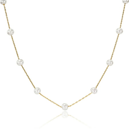 Miabella 5.5-6mm White Freshwater Cultured Pearl 10kt Yellow Gold Tin-Cup Necklace, 17