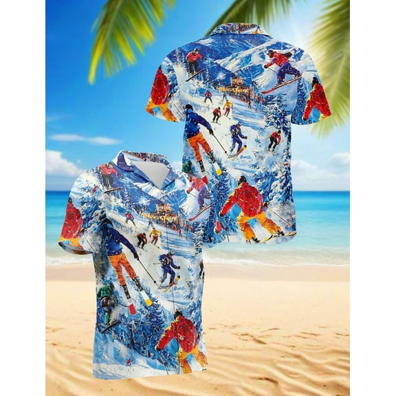 Skiing Hawaiian Shirt for Men, Sport Style, Button Down Summer Beach Short Sleeve, S-5XL