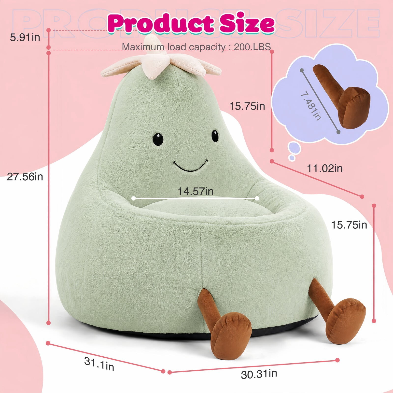 Kelno 31" Kids Bean Bag Chair Faux Rabbit Fur Lazy Chair Toddler Couch, Green
