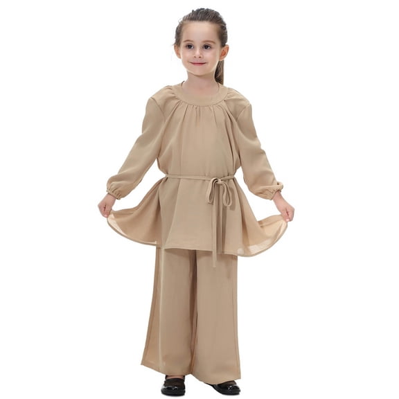 SJLDQY Muslim Girls Abaya Dress Set Loose Flowy Pants Outfit For Everyday Wear Clothing Southeast Asian Style Comfortable Kids Outfit